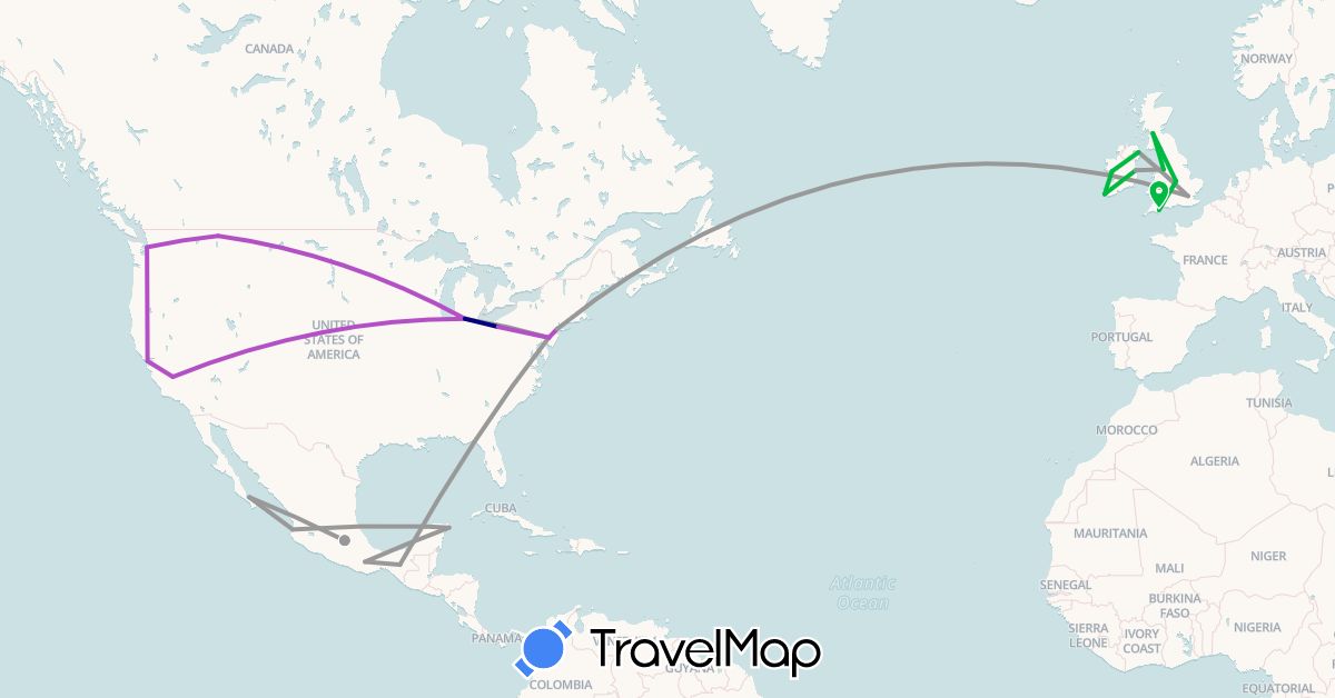 TravelMap itinerary: driving, bus, plane, train in United Kingdom, Ireland, Mexico, United States (Europe, North America)